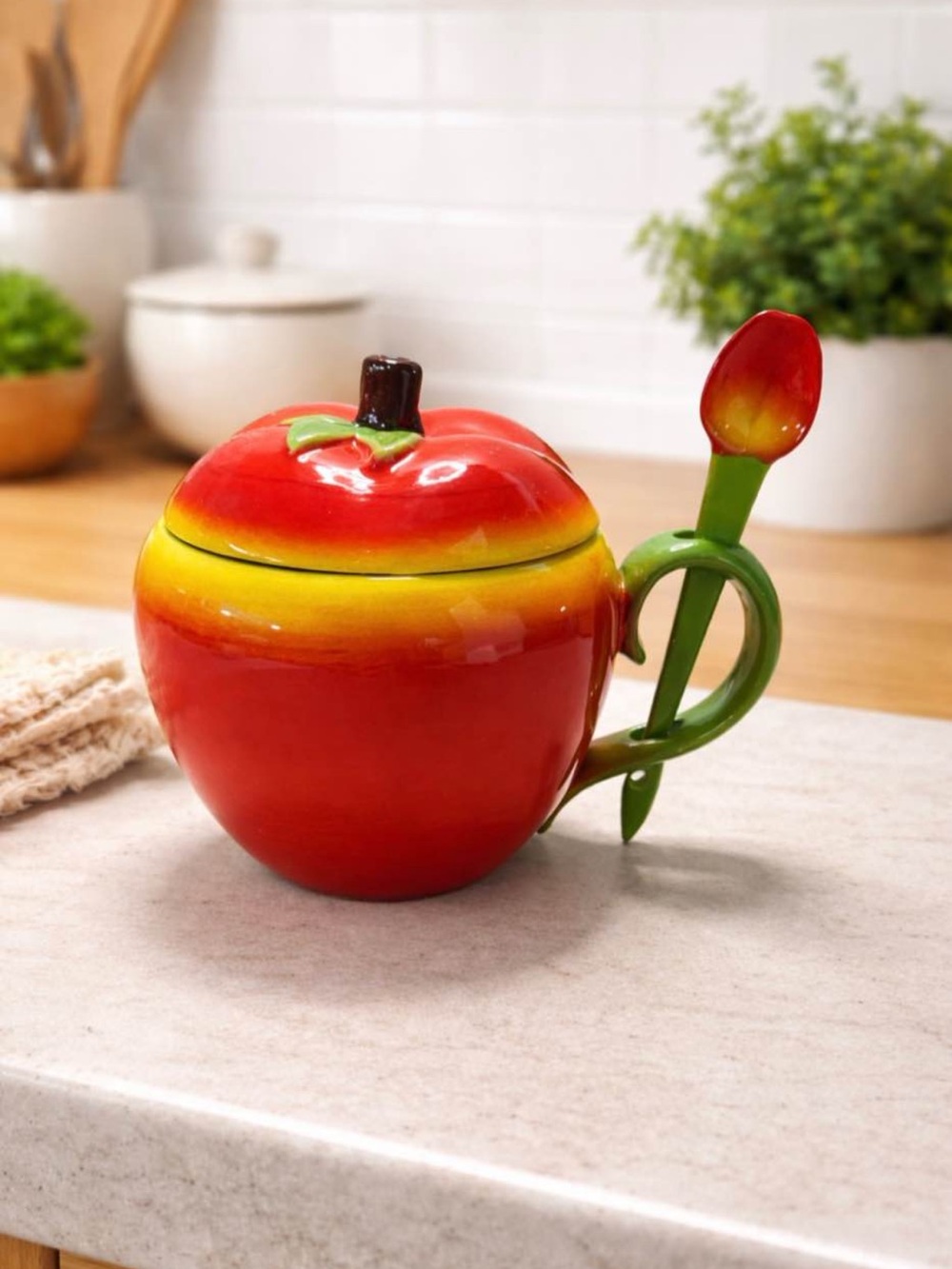 Ceramic Apple coffee mug and with Spoon - Red/Yellow